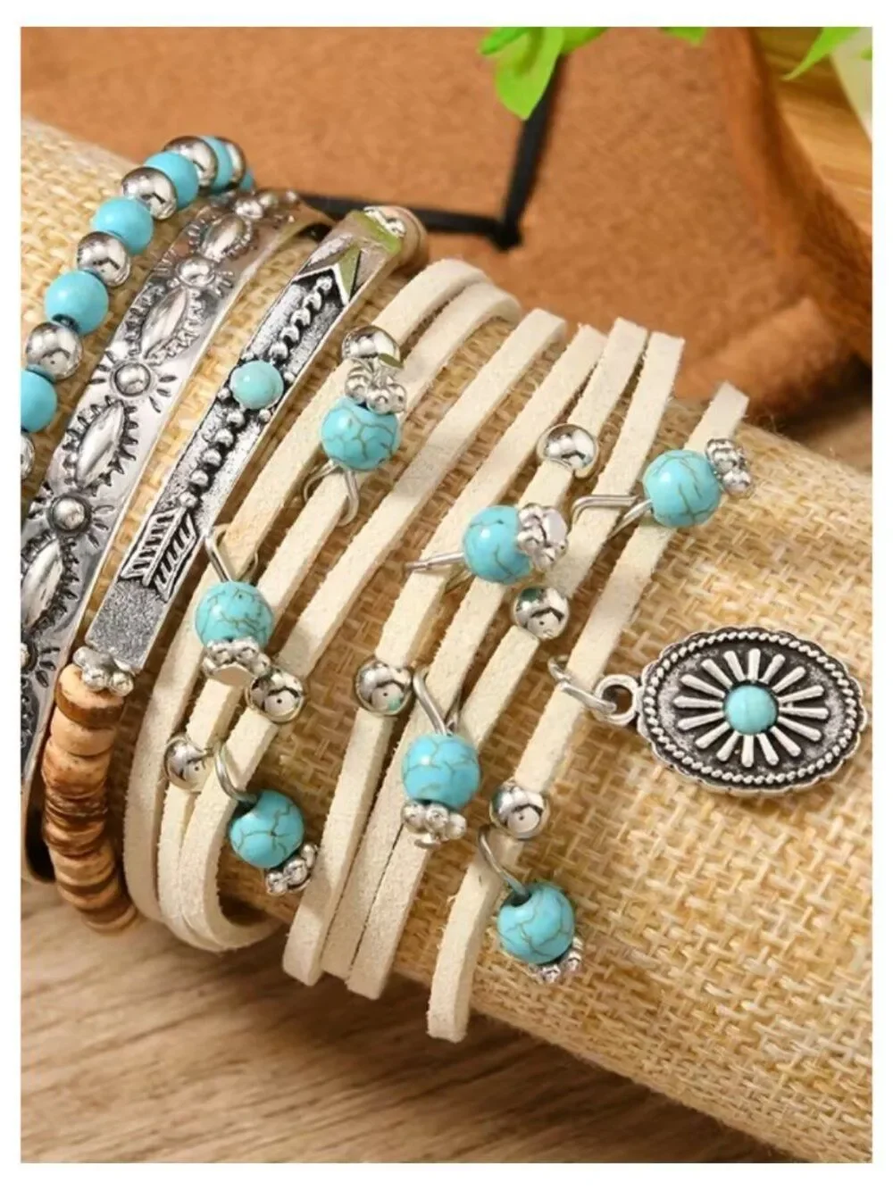 NWT Western Boho Faux Turquoise Stacked Bracelet Set PU Leather Charm Cuff